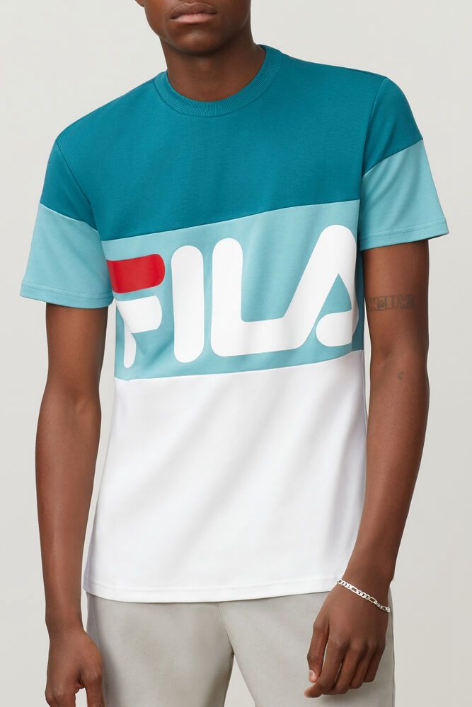 Fila T-Shirt Mens White/Turquoise - Vialli - Philippines 3475819-KG